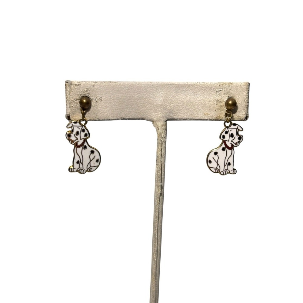 Vintage Disney Gold Tone Enamel 101 Dalmatians Puppy Dog Pierced Dangle Earrings